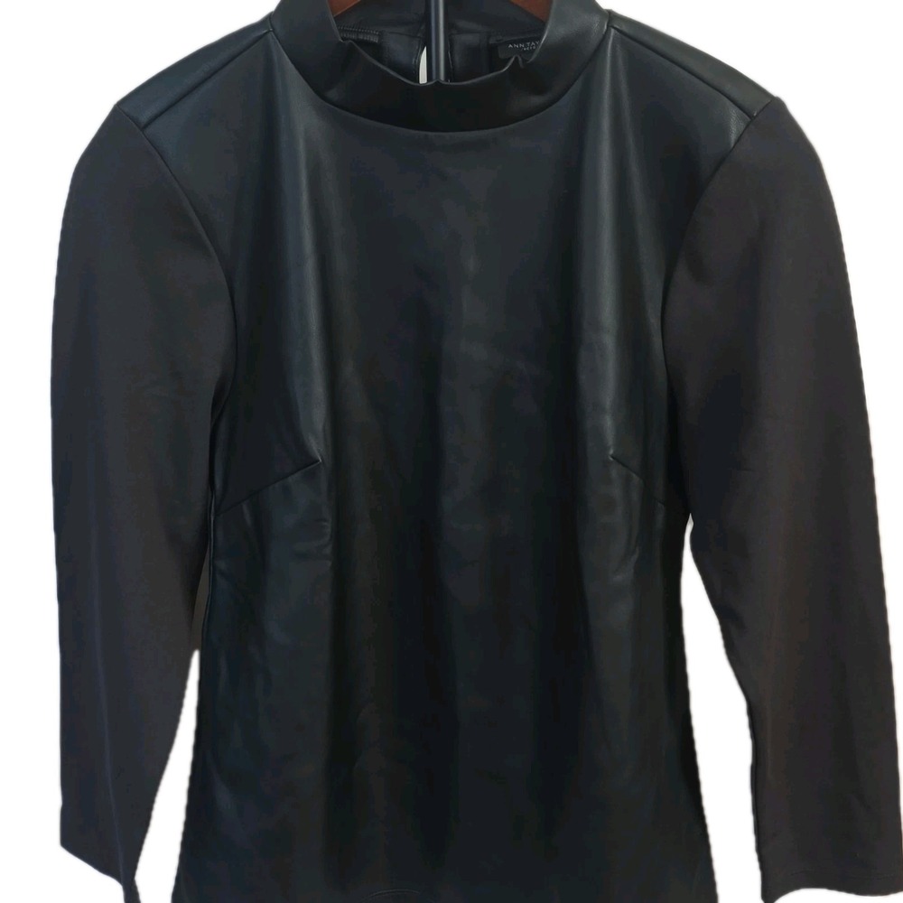 Ann Taylor Factory Black Faux Leather Mock Neck Button Long Sleeve Blouse XS